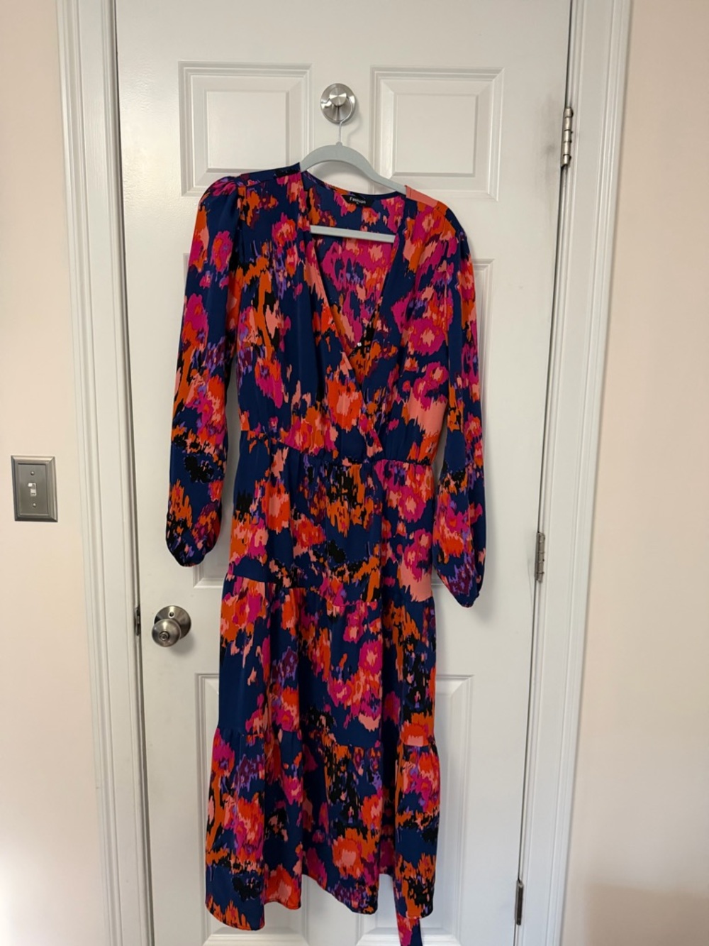 Vibrant Floral Midi Dress in Navy, Pink & Orange